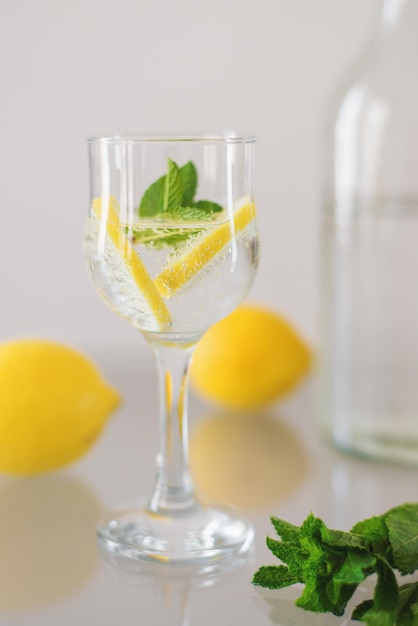 One glass of sparkling mineral water with fresh mint leaves and lemon Vitamin detox drink