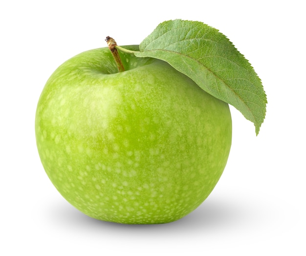 One green apple with leaf isolated on white surface