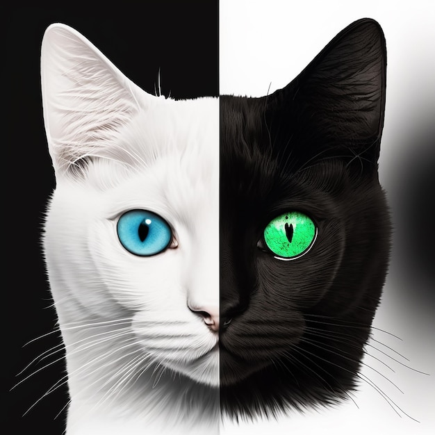 On one hand head of black cat on other hand head of white cat closeup symbol of unity