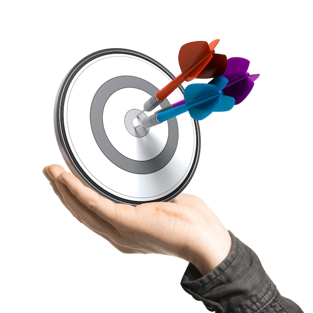 One hand holding a target with three darts hitting the center, white background. Illustration of strategic marketing or business solutions.