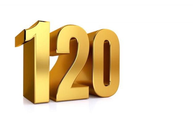 One hundred twenty, 3d illustration golden number 120 on white background and copy space on right hand side for text