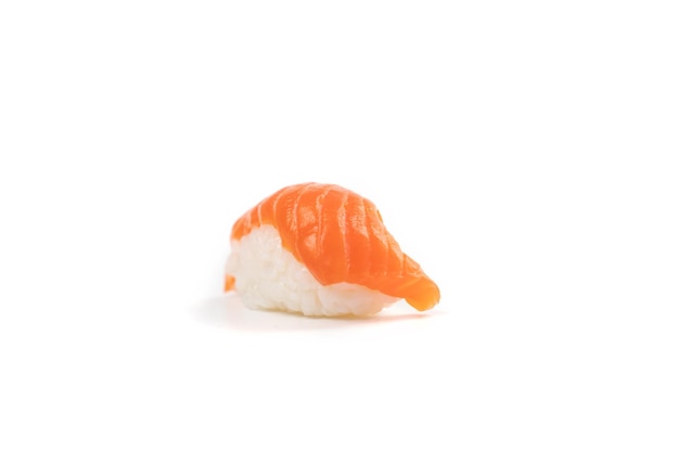 One isolated section view of salmon sushi on white background Clipping paths