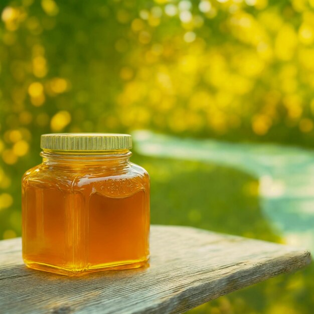 One jar of honey on wooden table against nature backgroundGenerative AI