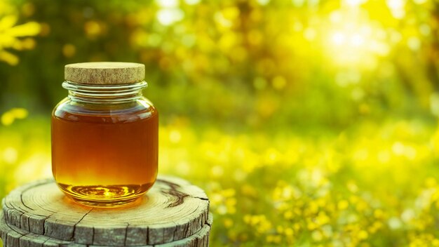 One jar of honey on wooden table against nature backgroundGenerative AI