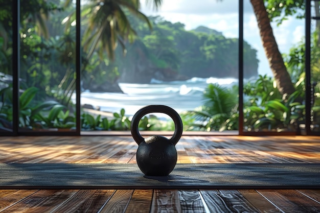 Photo one kettlebell on a beautiful wooden floor in the gym with a panoramic window overlooking the forest