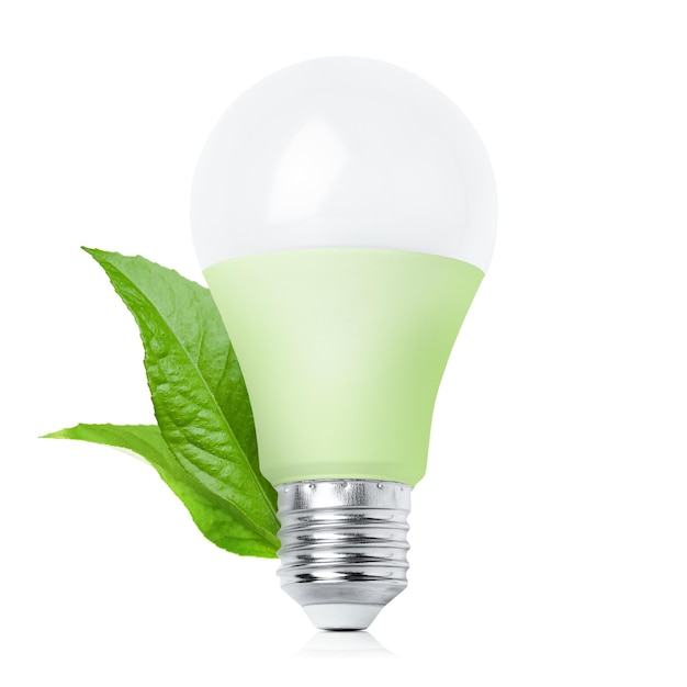 One led light bulb with green leaves ecological concept of saving electricity on a white isolated background