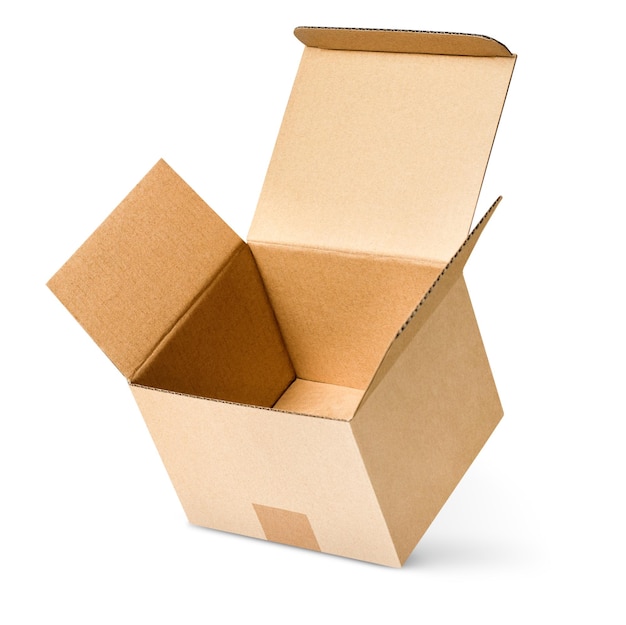 One levitating open cardboard box on a white isolated background