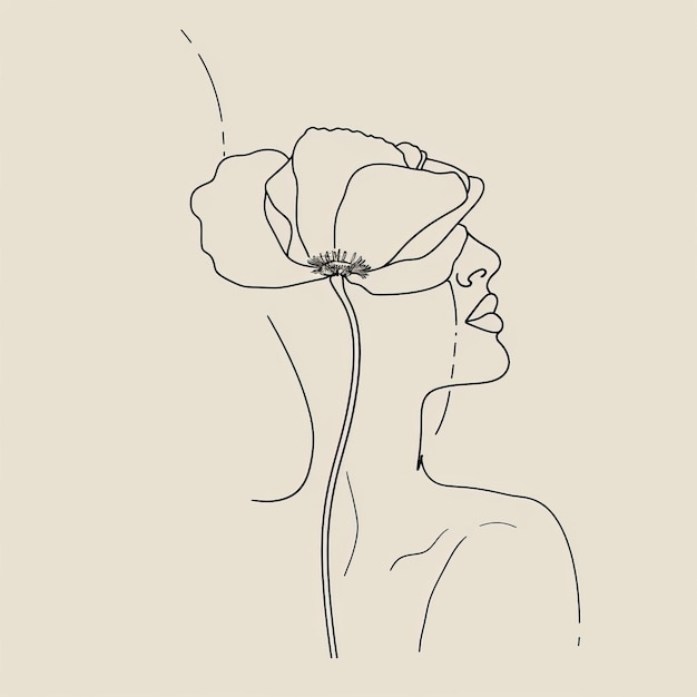 Photo one line art portrait of a beautiful girl with poppy flower vector illustration