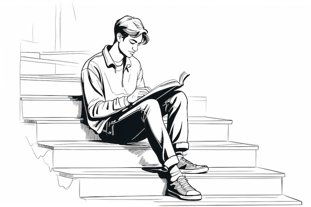 One Line Drawing Modern Young Man Reading Book