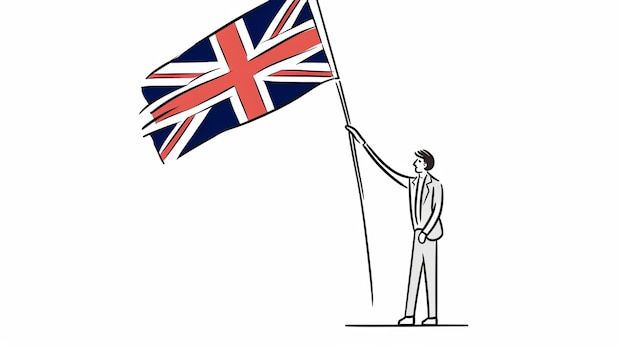 One line drawing of a person holding a flag England flag