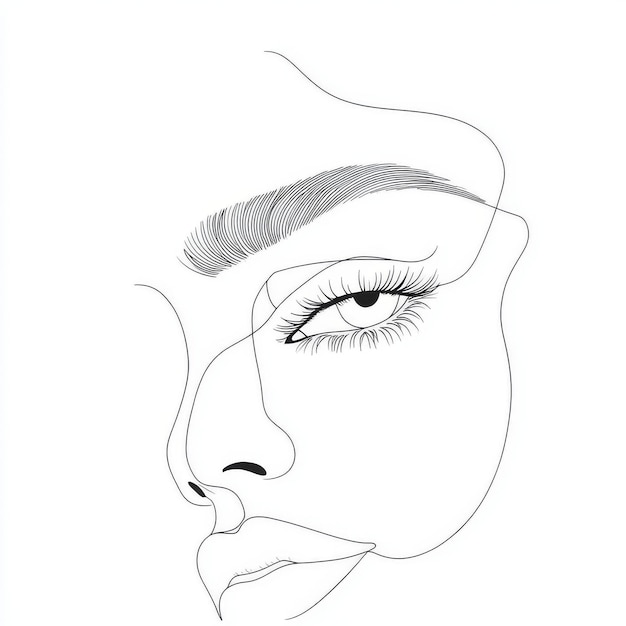 One line drawing on white isolated background of the eye of a young woman