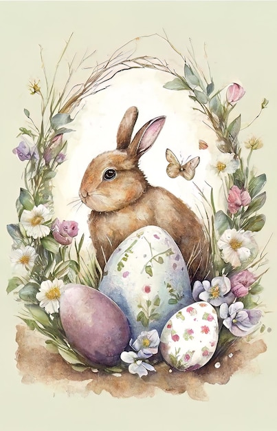 One little hares and Easter eggs sits on a spring lawn in grass