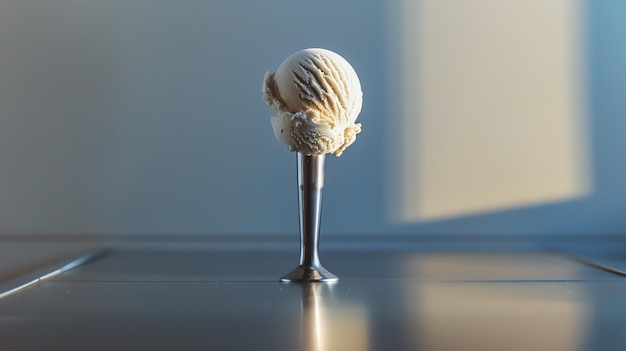 One lonely scoop of vanilla ice cream sits on a metal surface Its creamy texture is slightly melted from the warm light above