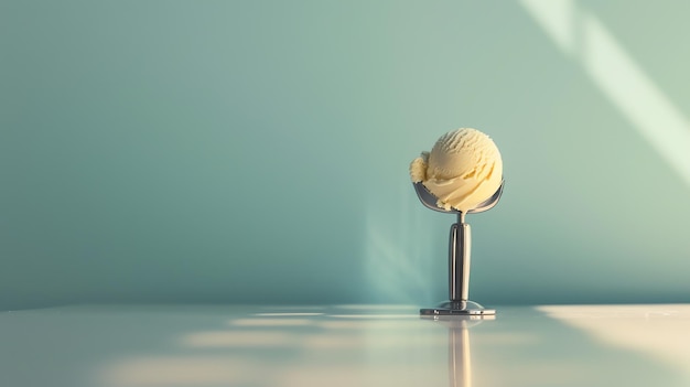 Photo one lonely scoop of vanilla ice cream sits on a shiny metal holder its creamy texture is smooth and unblemished and it is perfectly round