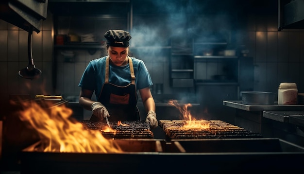 One man cooking with fire in workshop generated by AI