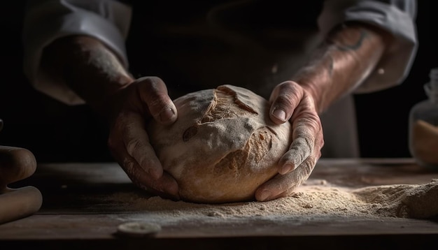 One man kneading dough on rustic wooden table in kitchen generated by AI