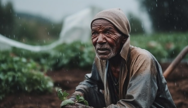 One man senior adult farmer sitting in wet mud generated by AI