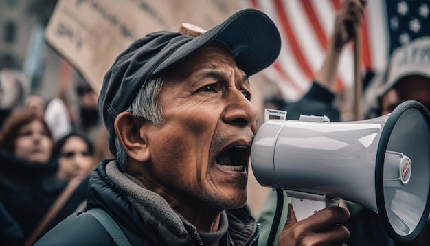 One man shouting anthem with American flag generated by AI