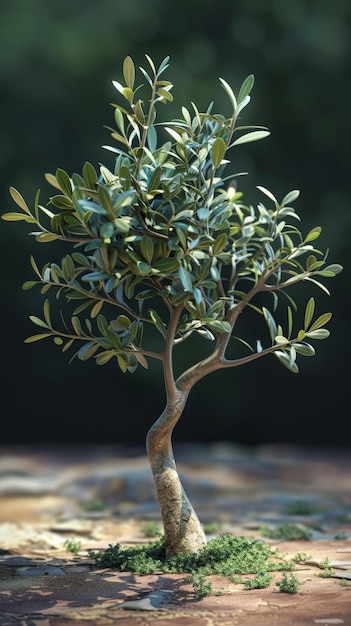 Photo one olive tree in isometric view on mossy ground lit beautifully