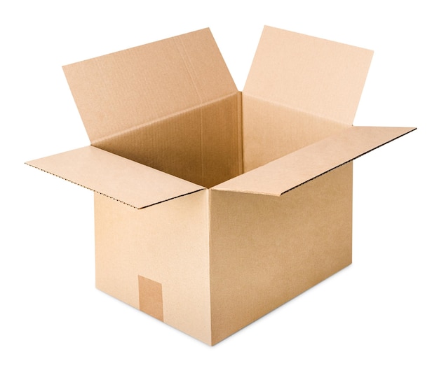 One open cardboard box on isolated white background front view