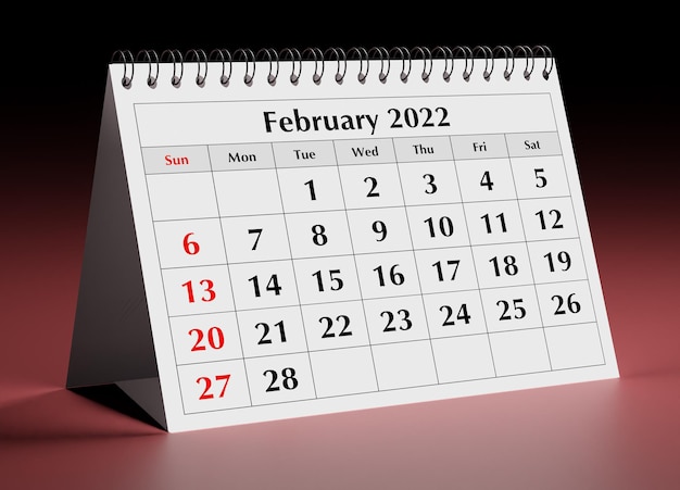 One page of the annual business monthly calendar. Date - month February 2022. 3d rendering