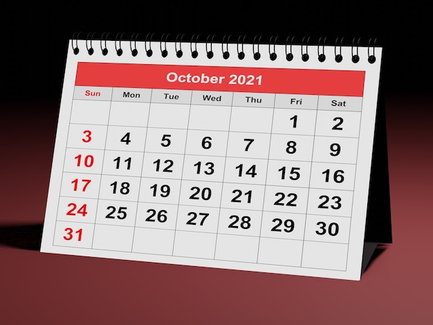 One page of the annual business monthly calendar Date  month October 2021 3d rendering