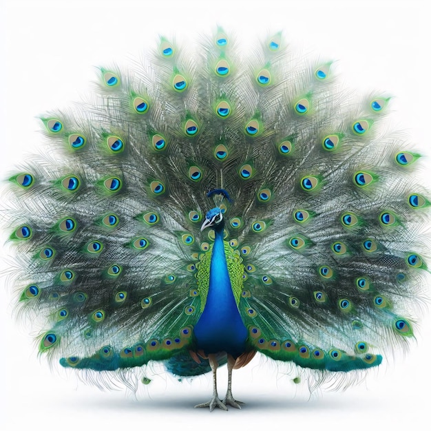 One peacock stands with beautiful feathers isolated white background