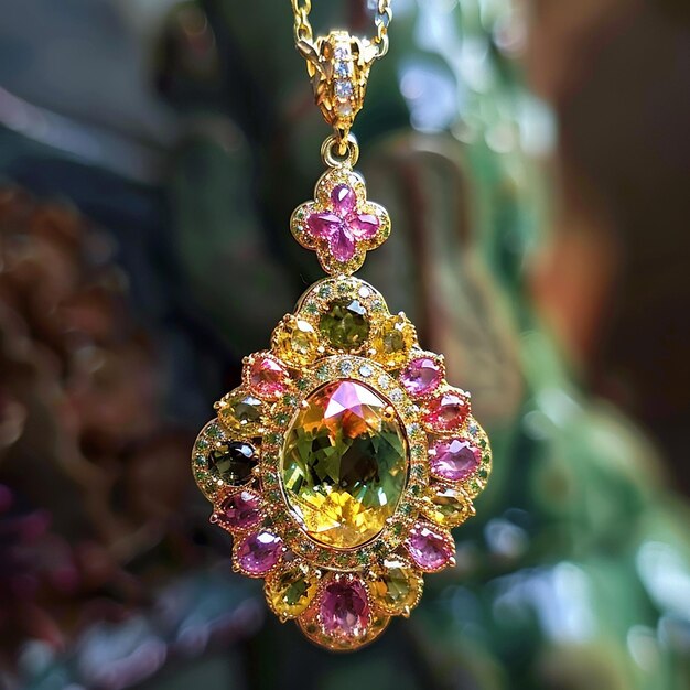 Photo one pendant is composed of yellow tourmaline color tourmaline the setting material is 18k yellow c