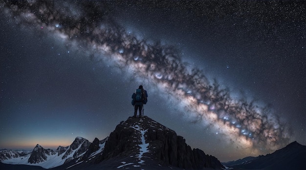 One person hiking mountain peak admiring milky way galaxy. Generative AI.