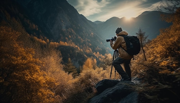 One person hiking in the mountains capturing nature beauty generated by artificial intelligence