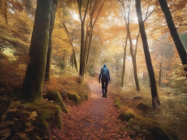 One person hiking in tranquil autumn forest surrounded by beauty in nature