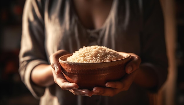 One person holding bowl of fresh organic rice smiling happily generated by AI