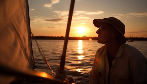 Photo one person sailing on a yacht enjoying the sunset generated by artificial intelligence