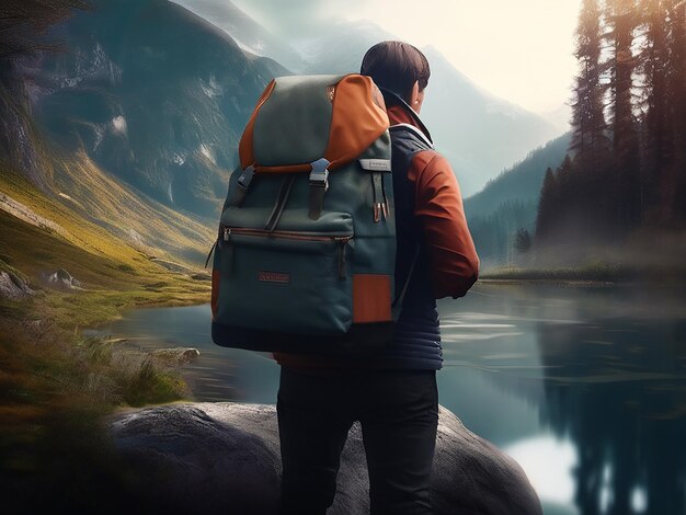 One person standing backpack on exploring nature beauty