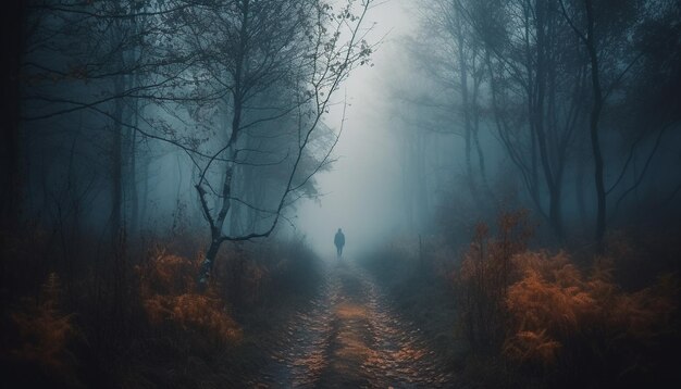 One person walking through spooky forest surrounded by mystery generated by AI