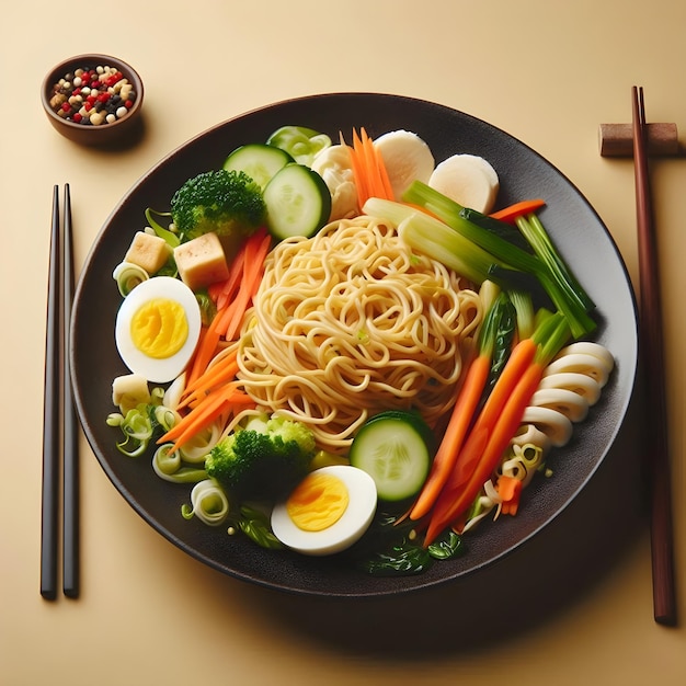 one plate noodles and vegetable with solid background side view