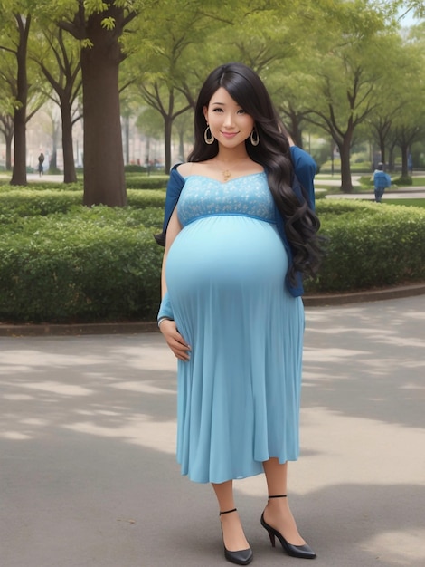 One pregnant woman posing in the park