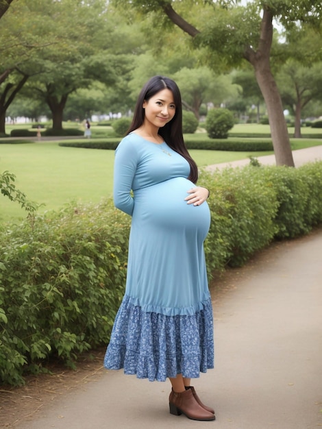 One pregnant woman posing in the park