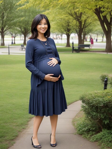 One pregnant woman posing in the park