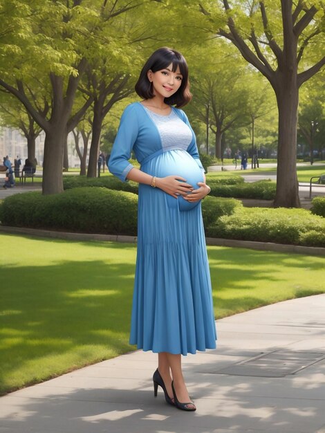 One pregnant woman posing in the park