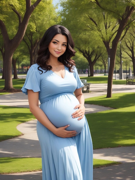 One pregnant woman posing in the park