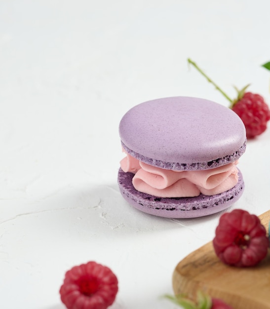 One purple macaroon and red raspberries on a white backgroundx9