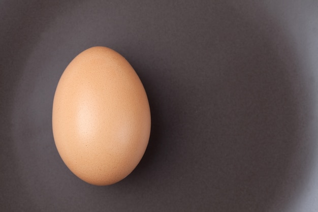 One raw egg on brown plate from top view with space for copy.