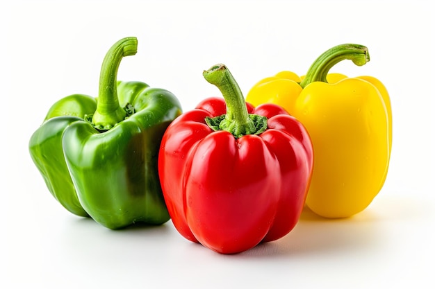 one red one yellow one green bell pepper on white isolated background cutout