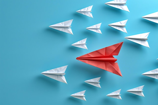 One red paper plane leading among white ones on a blue background