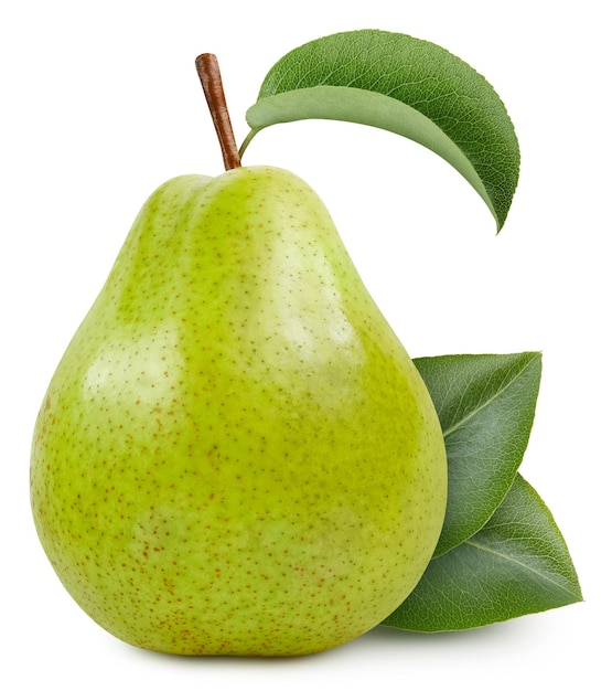 One ripe pear with green leaf clipping path. Organic fresh pear isolated on white. Full depth of fie