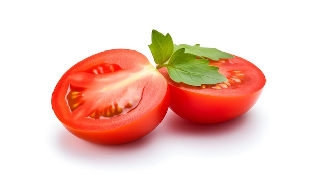 One ripe raw red halfsliced tomato with green stem