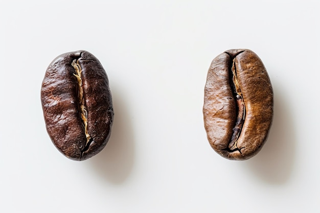 One robusta bean and one arabica bean on a white background closeup top view macro