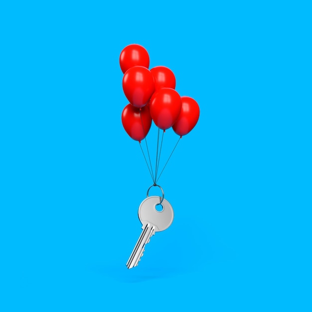 One single key with a ring flying on balloons on a blue background Minimalism concept 3D render