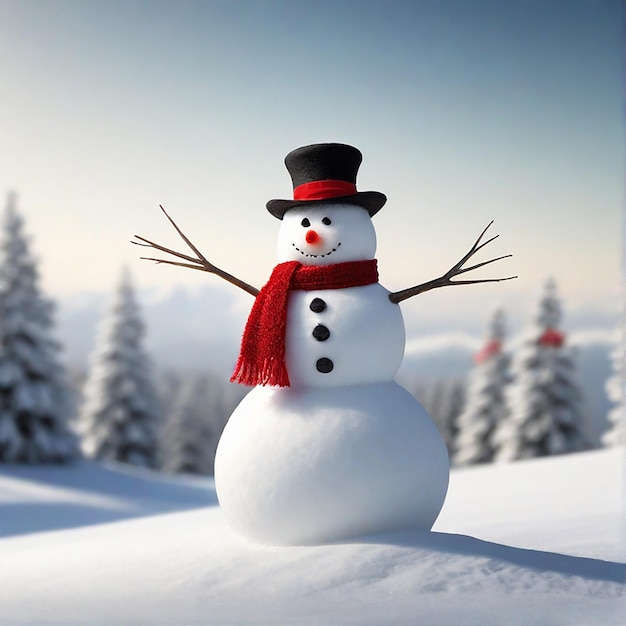 One snowman with a red scarf and Santa hat on an isolated white background generative AI